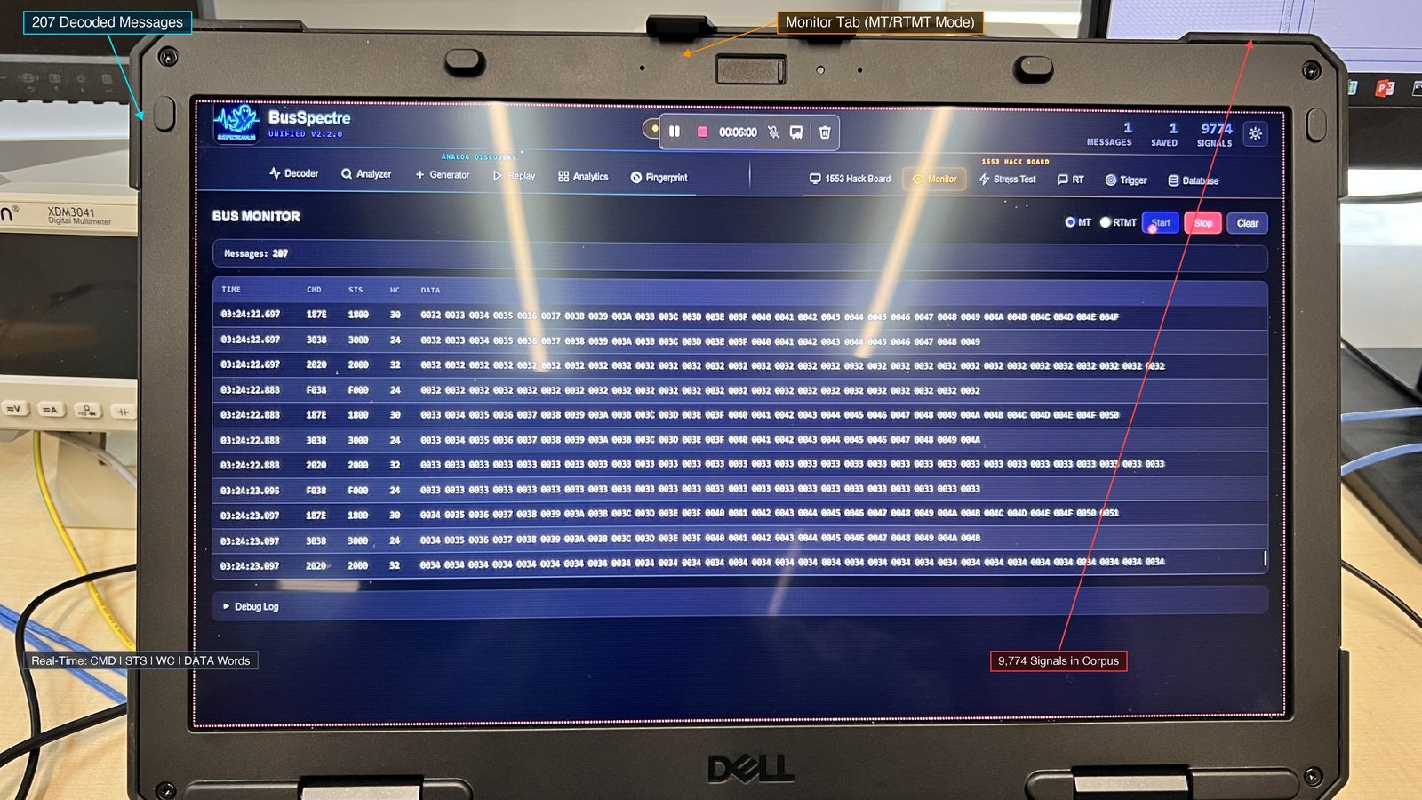 Live decoded MIL-STD-1553 traffic during a capture session: each row a decoded message with command word, status, word count, and payload.