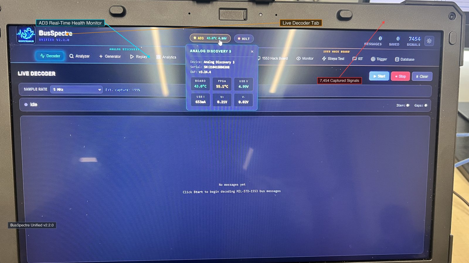 The BusSpectre operator interface during a live capture session, with real-time decoding and device-health telemetry.